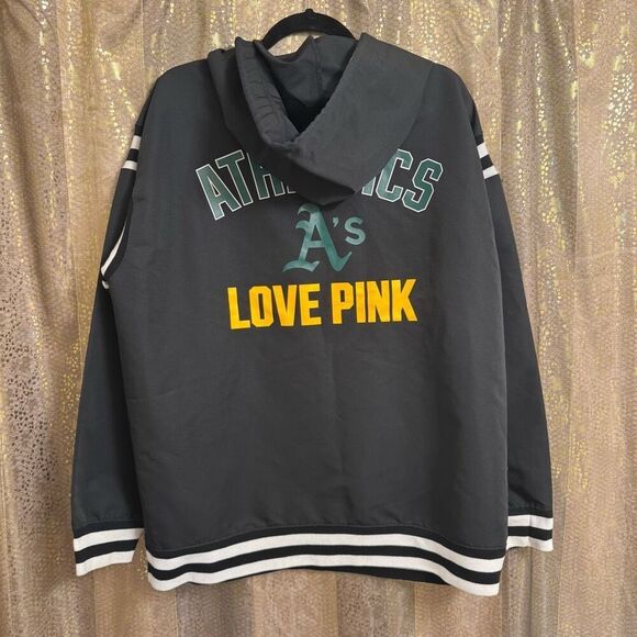 PINK Victorias Secret Black MLB Oakland A's Pullover Windbreaker Jacket Large - Picture 2 of 8